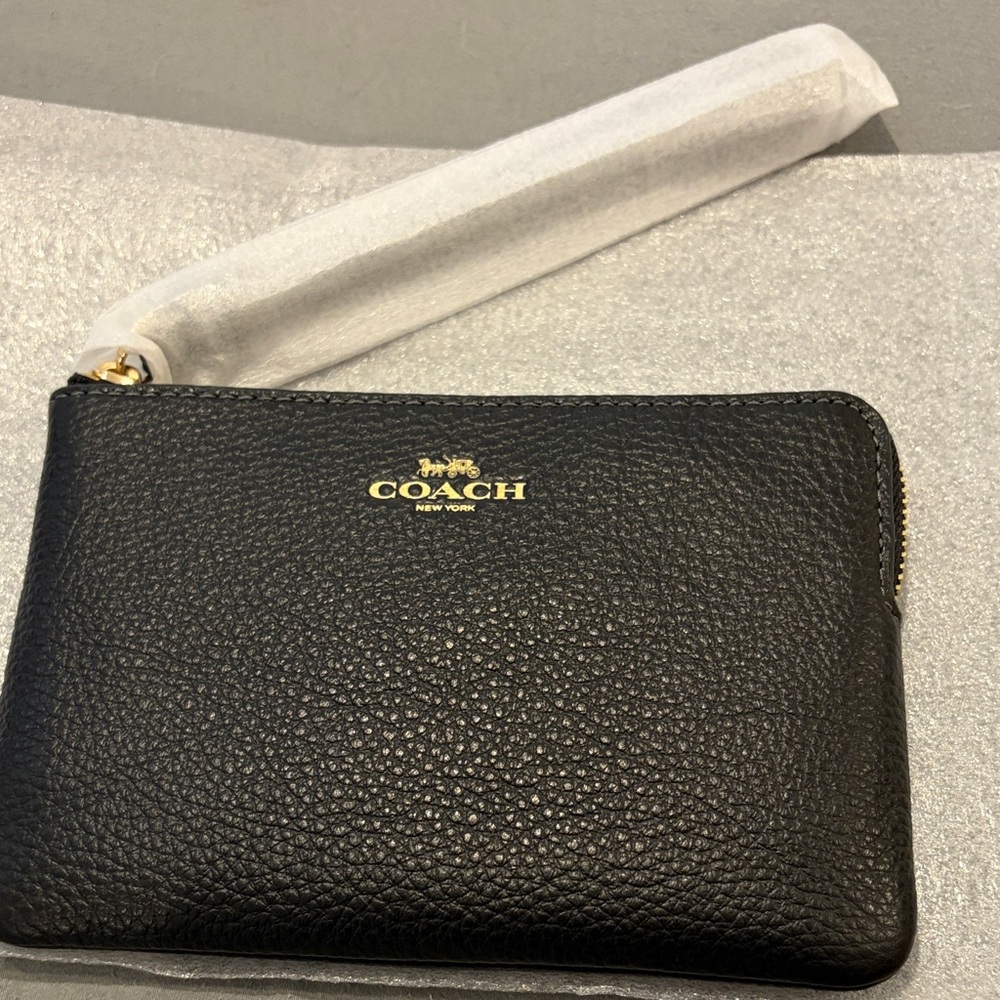 Coach Pebbled Black Wristlet with Gold Logo